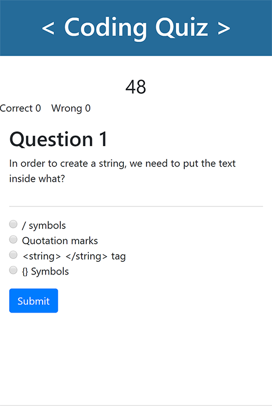 Coding Quiz Mobile Page